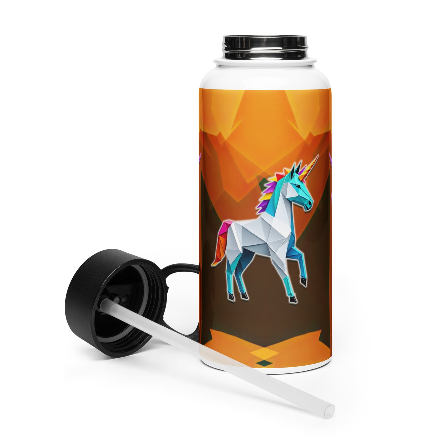 Edelstahl Trinkflasche mit Strohhalm - Origami-Einhorn