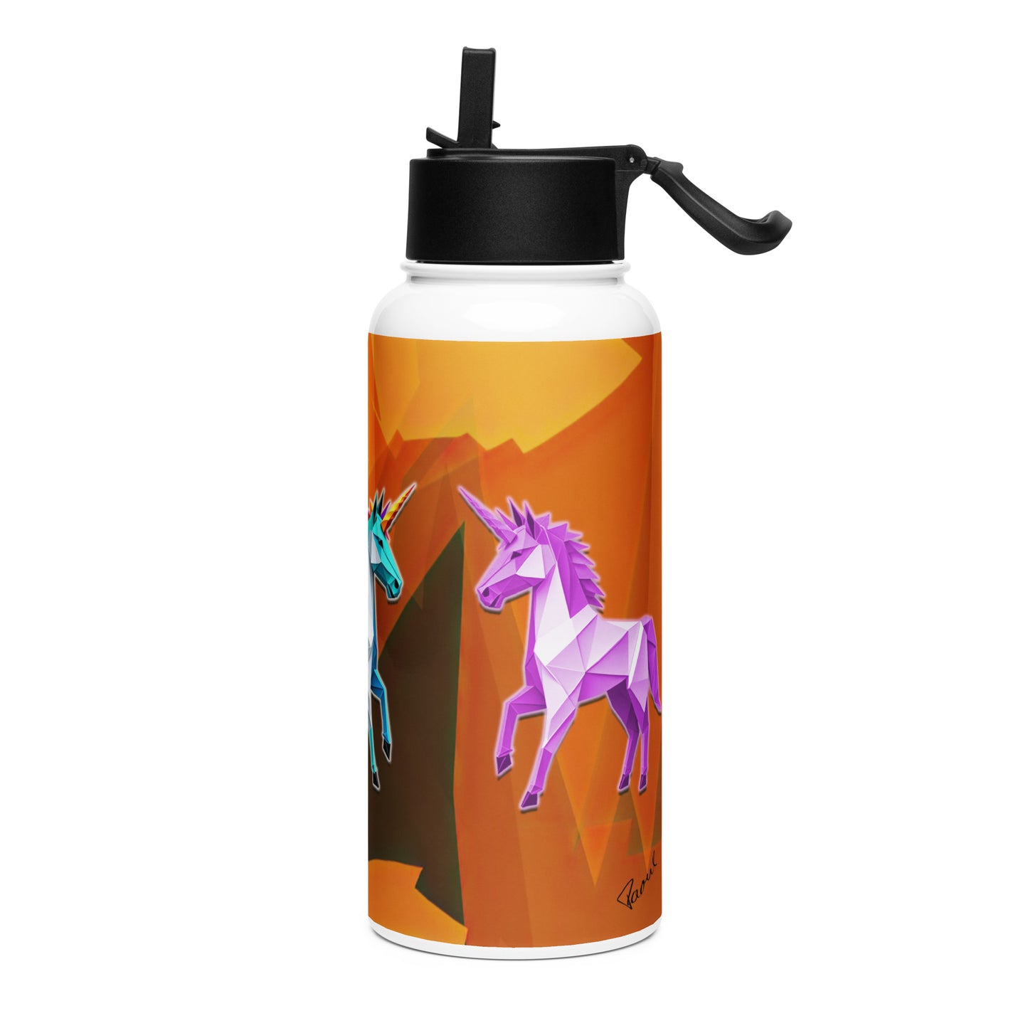 Edelstahl Trinkflasche mit Strohhalm - Origami-Einhorn