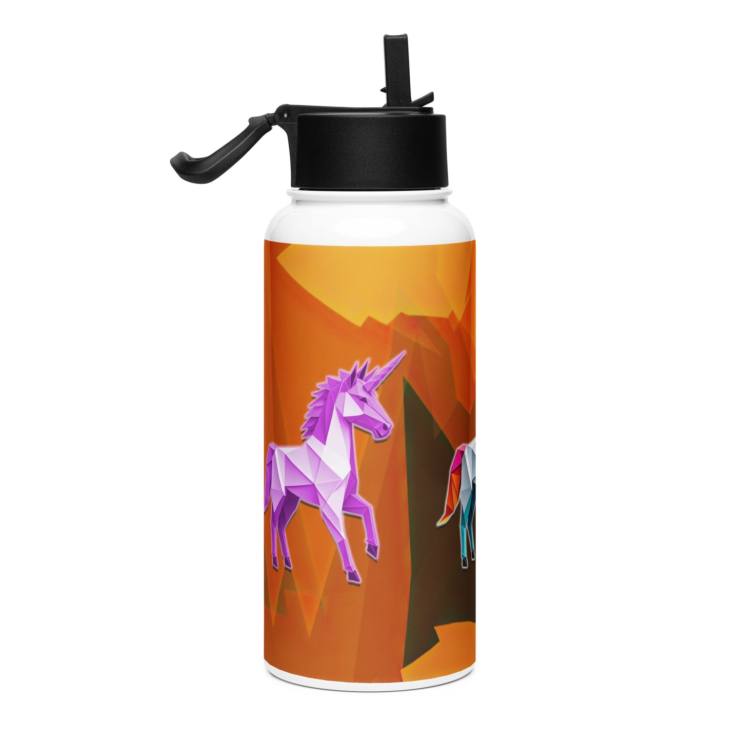 Edelstahl Trinkflasche mit Strohhalm - Origami-Einhorn