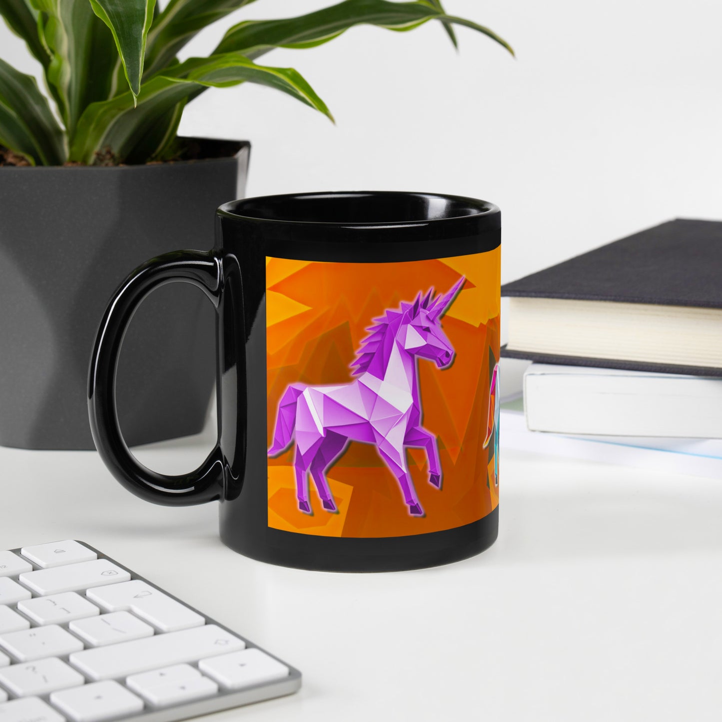 Schwarze glänzende Tasse - Origami-Einhorn