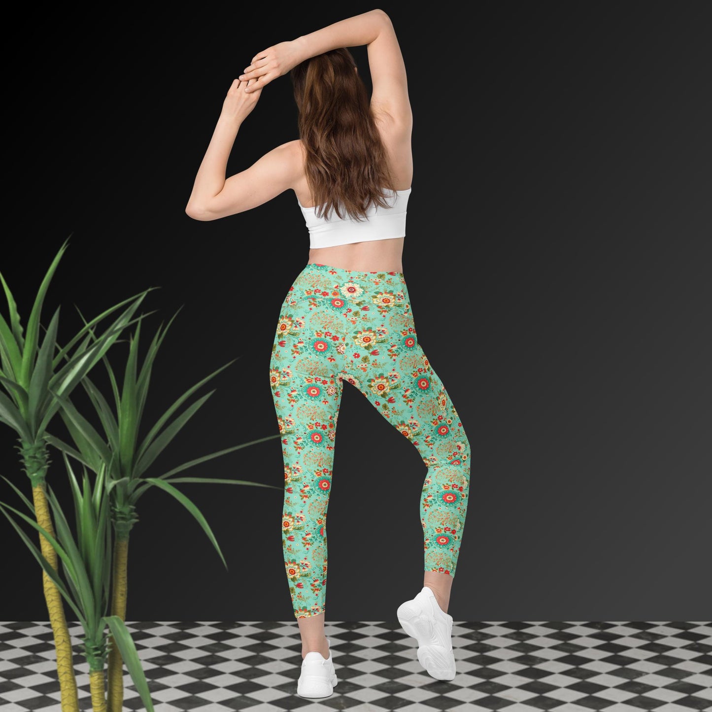 Leggings mit Taschen - Türkis mit Blumenmuster