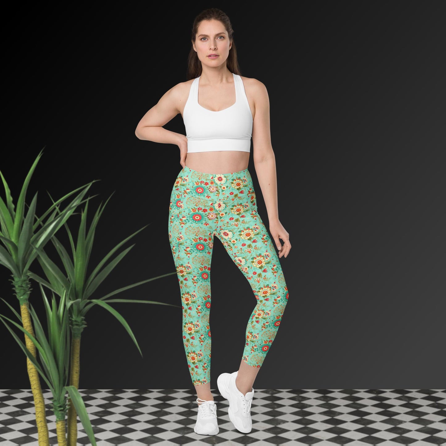 Leggings mit Taschen - Türkis mit Blumenmuster