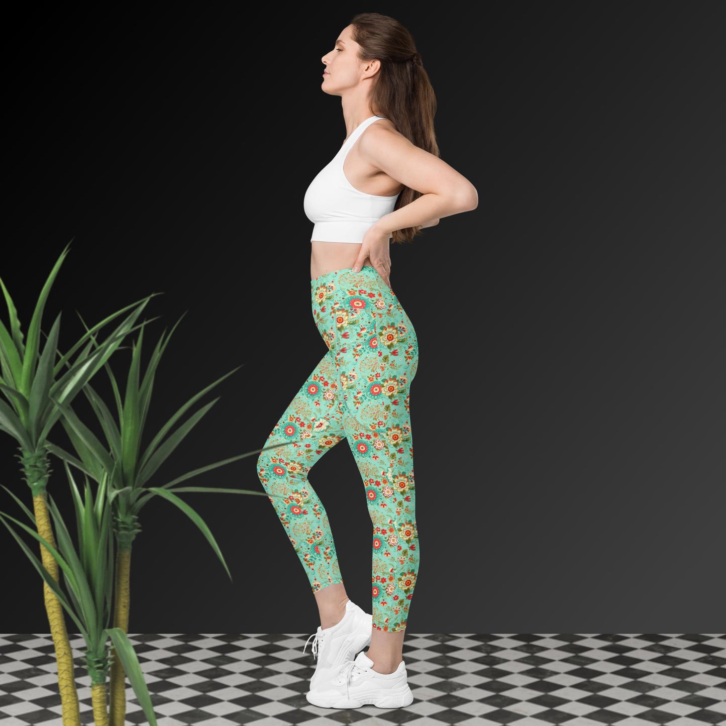 Leggings mit Taschen - Türkis mit Blumenmuster