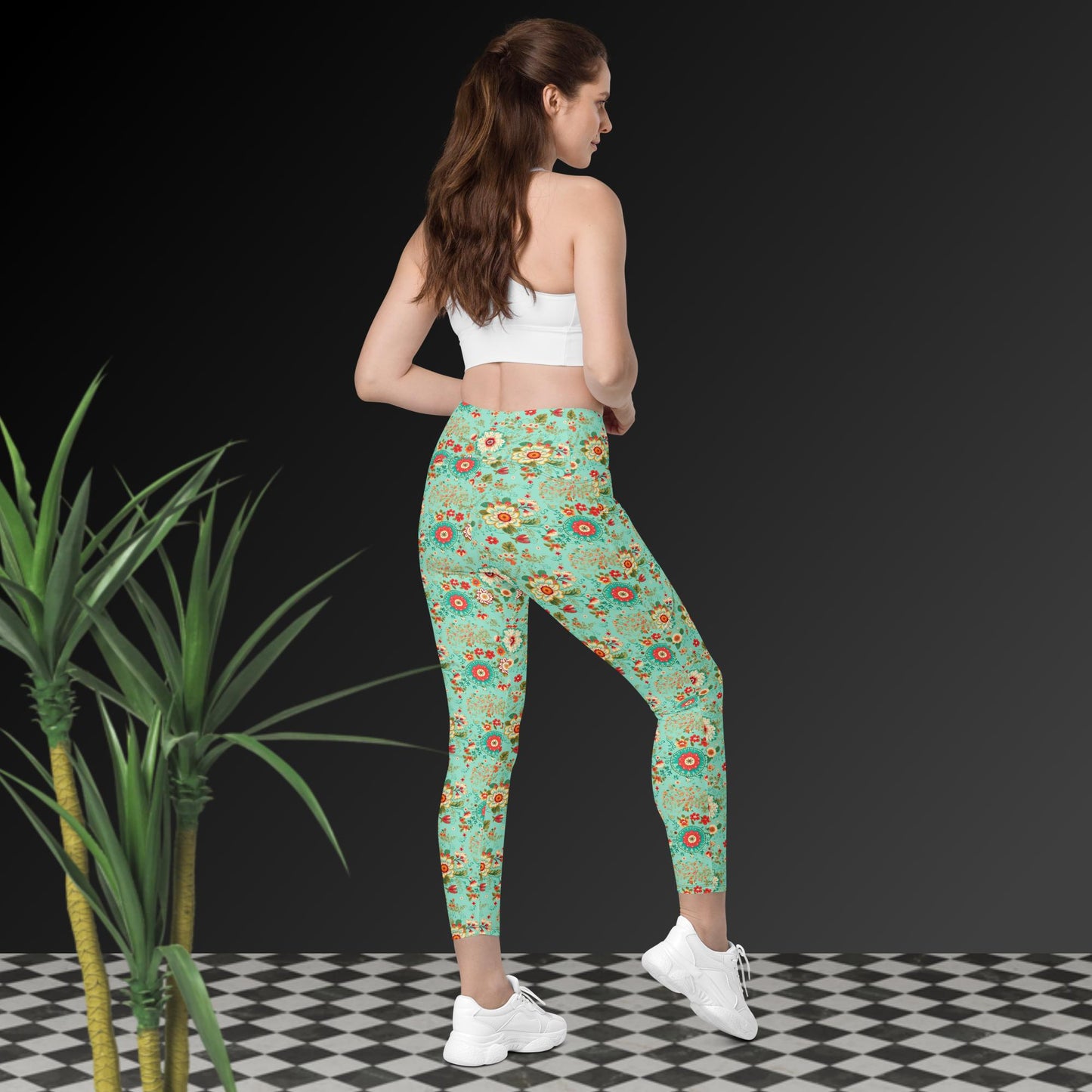 Leggings mit Taschen - Türkis mit Blumenmuster