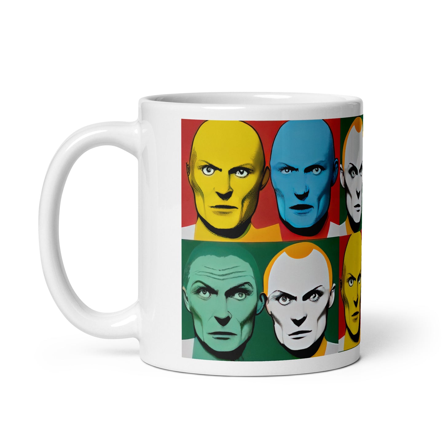 Weiße, glänzende Tasse - bunte Köpfe