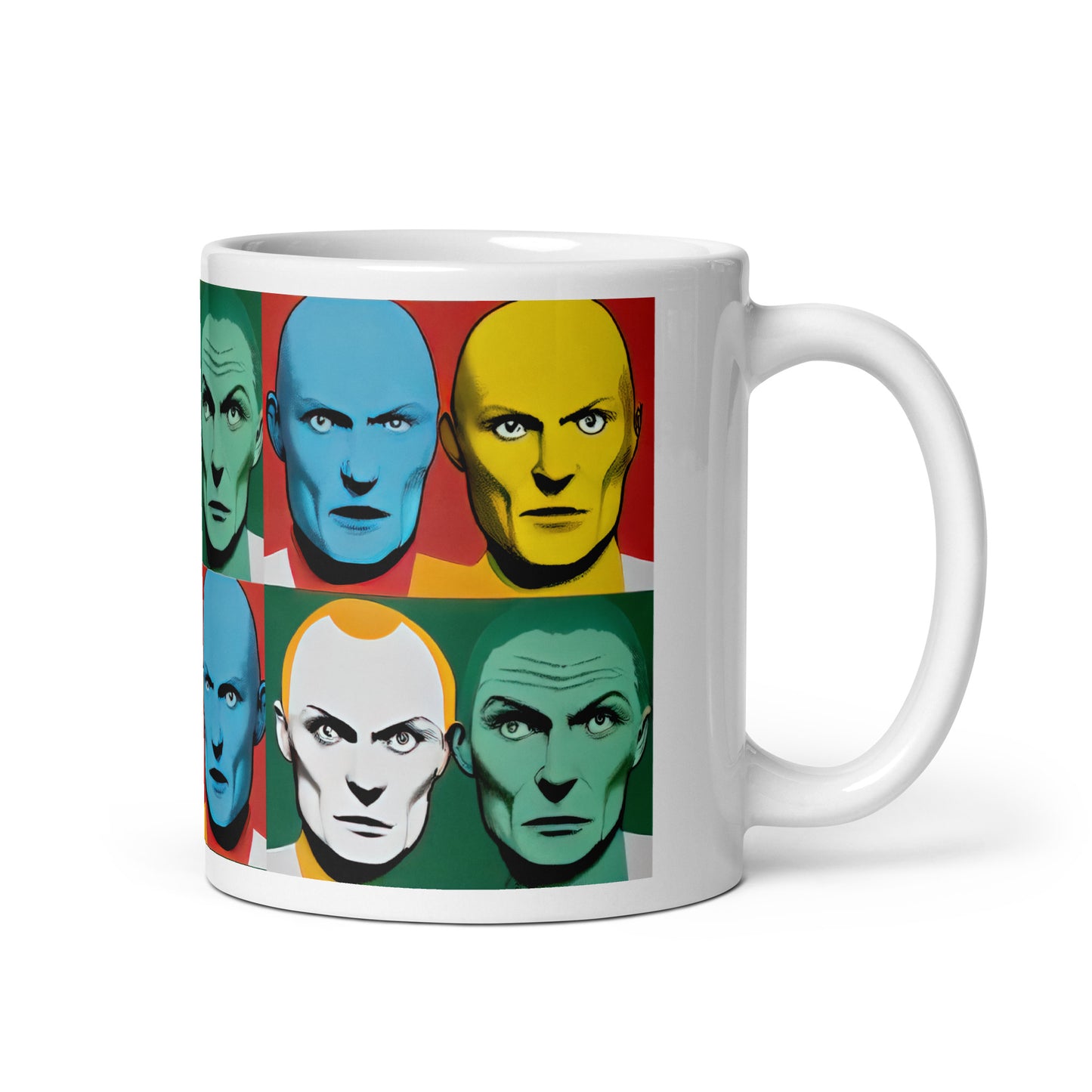 Weiße, glänzende Tasse - bunte Köpfe