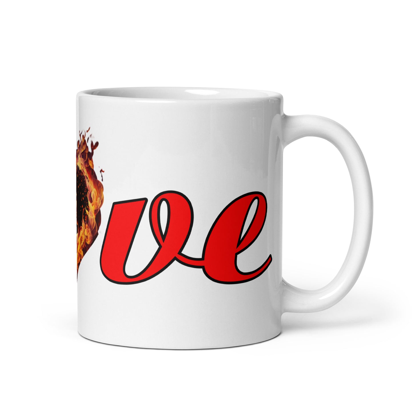 Weiße, glänzende Tasse - Liebes Herz in Flammen