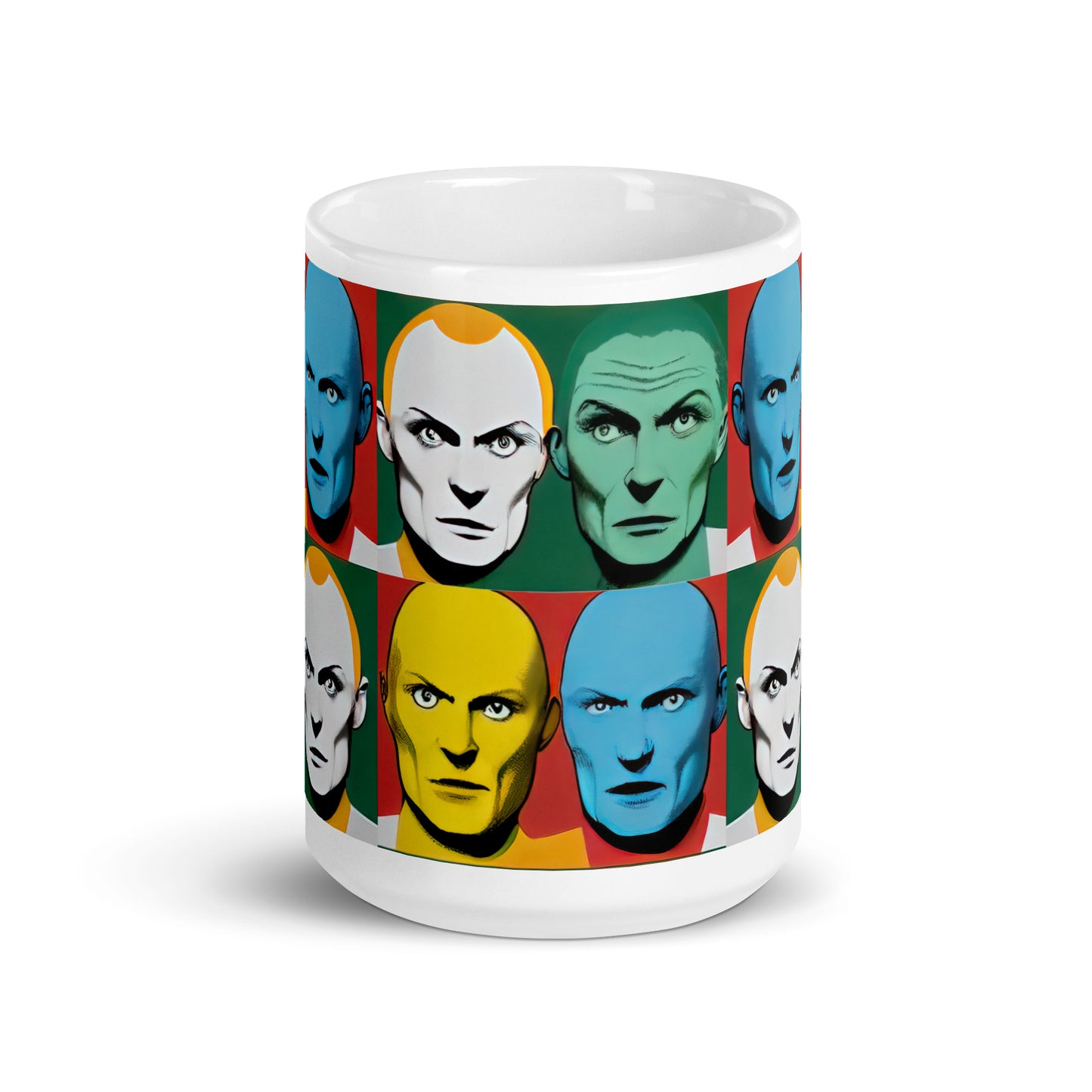 Weiße, glänzende Tasse - bunte Köpfe