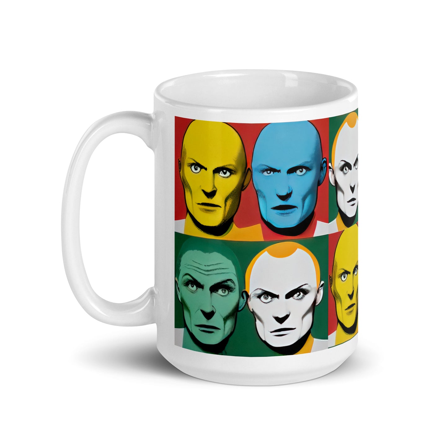 Weiße, glänzende Tasse - bunte Köpfe