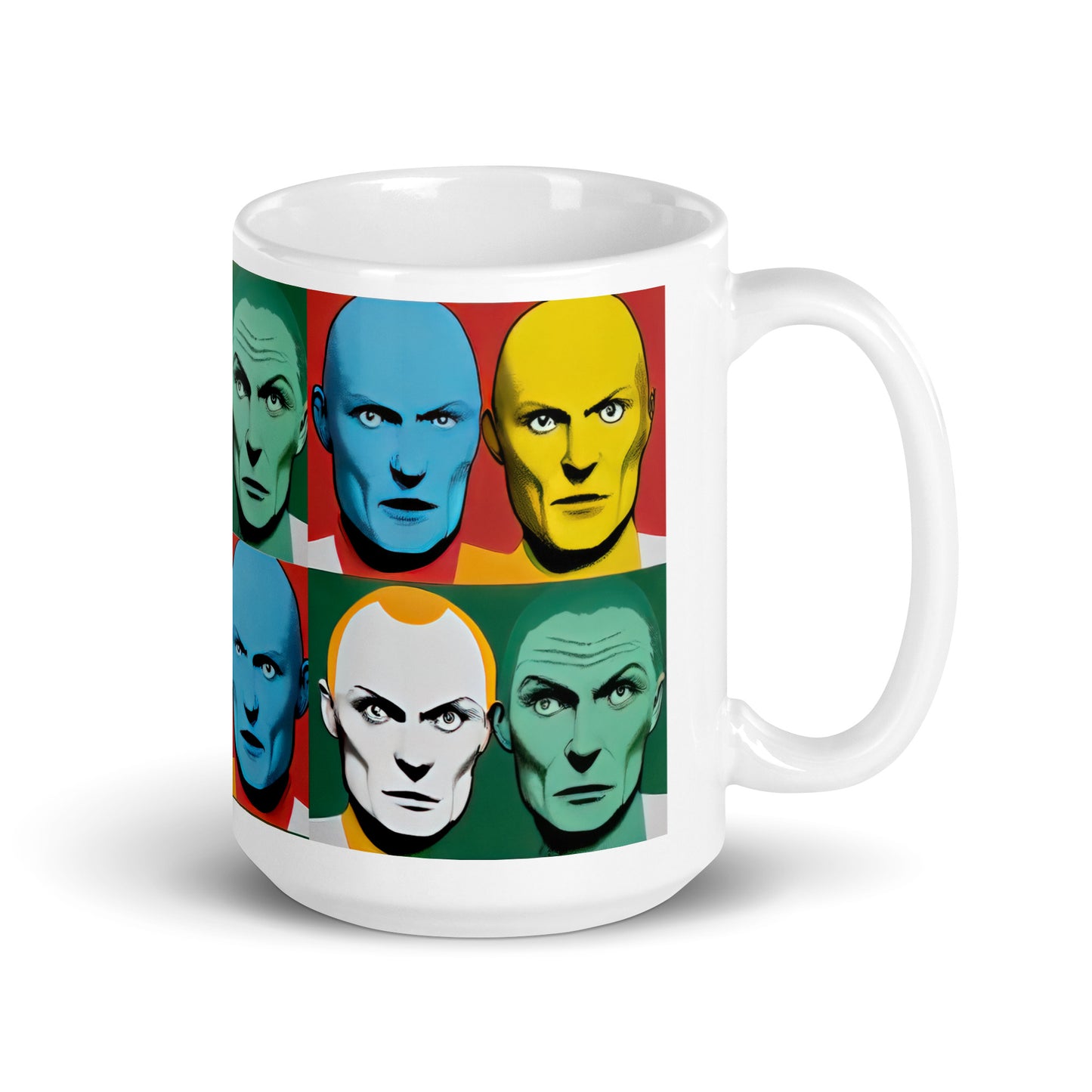 Weiße, glänzende Tasse - bunte Köpfe