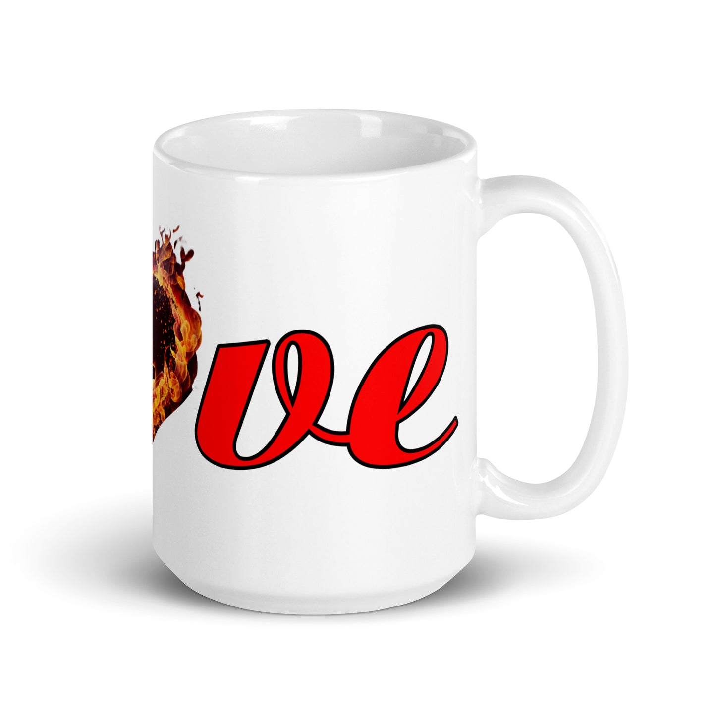 Weiße, glänzende Tasse - Liebes Herz in Flammen