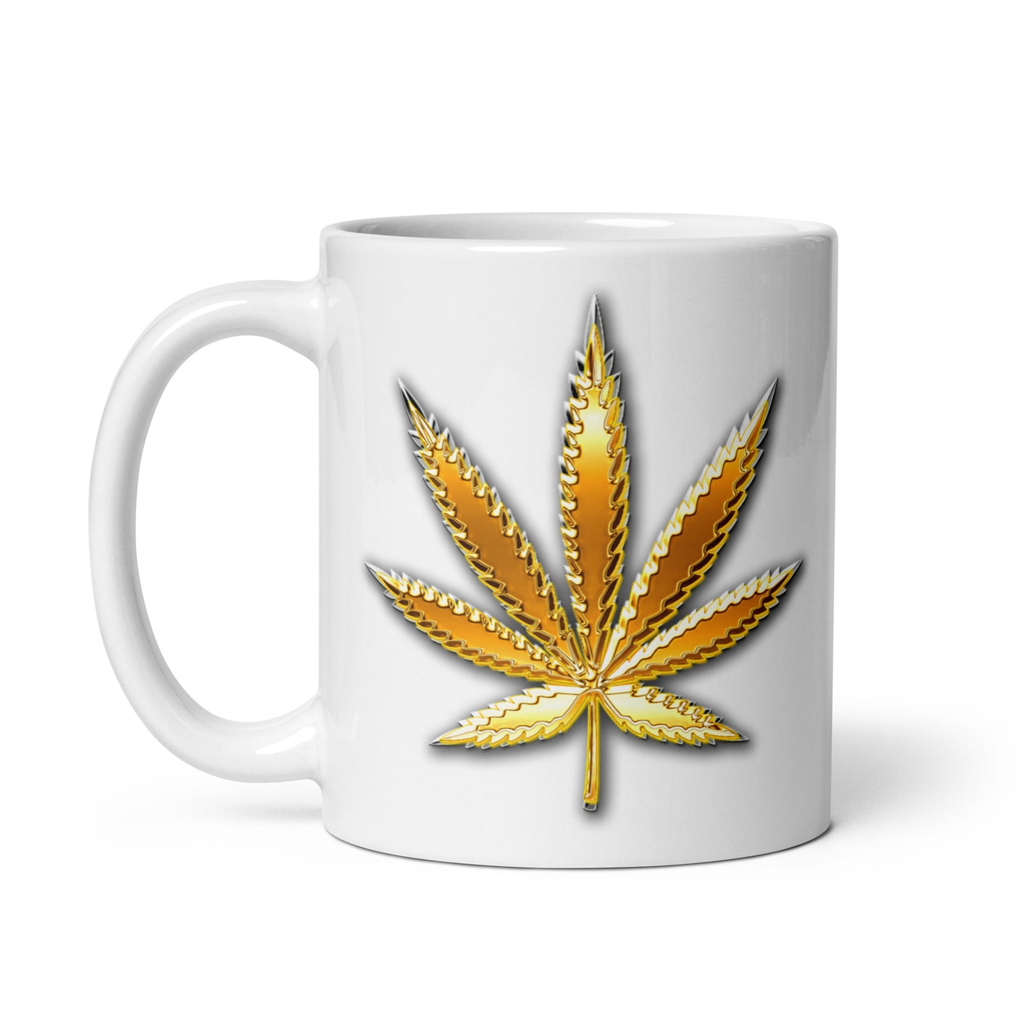 Weiße, glänzende Tasse - Hanfblatt (gold)