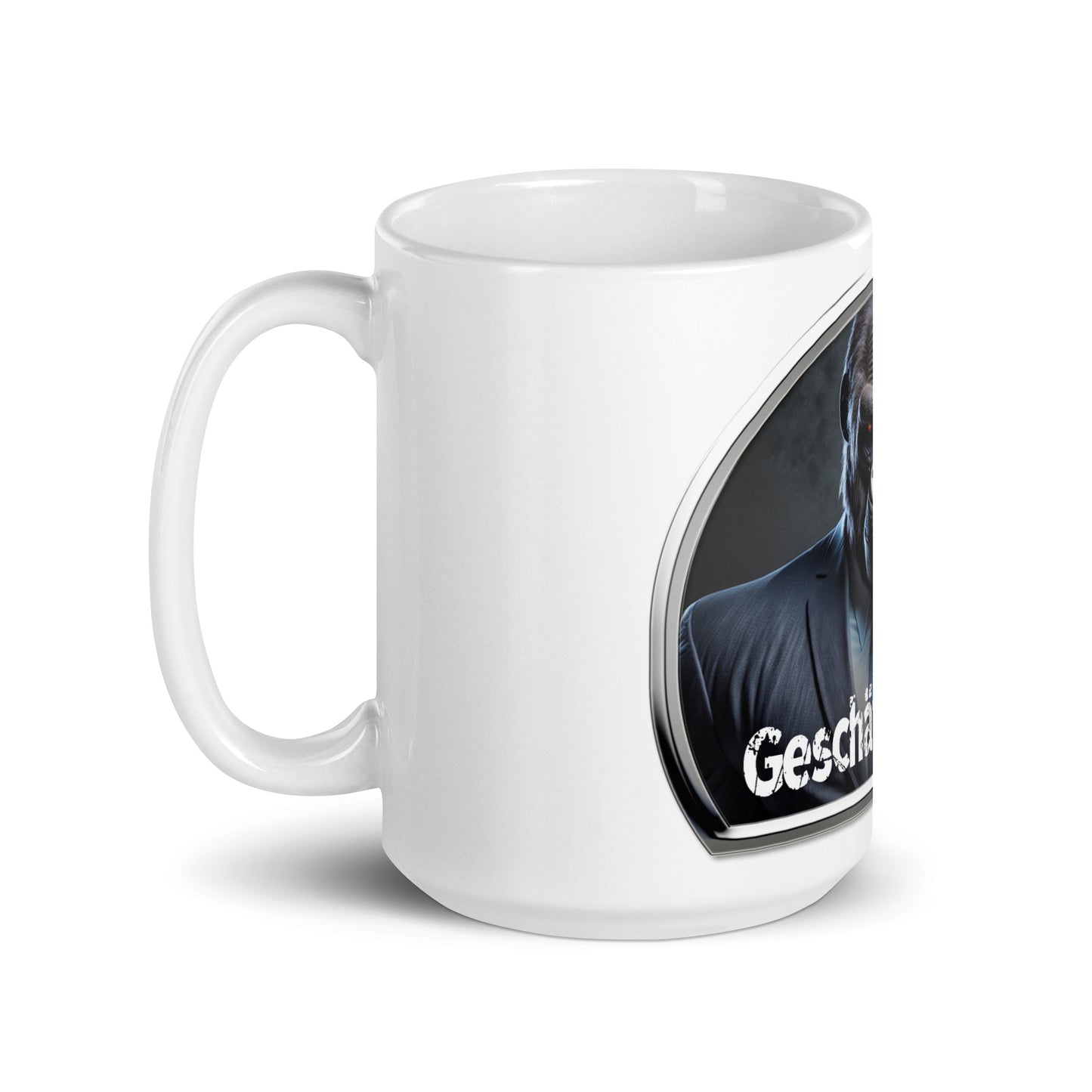 Weiße, glänzende Tasse - Geschäftsgorilla