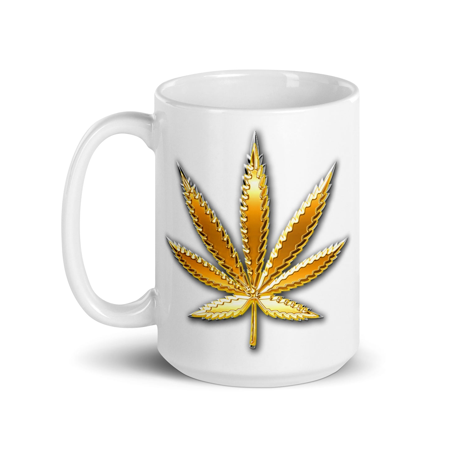 Weiße, glänzende Tasse - Hanfblatt (gold)