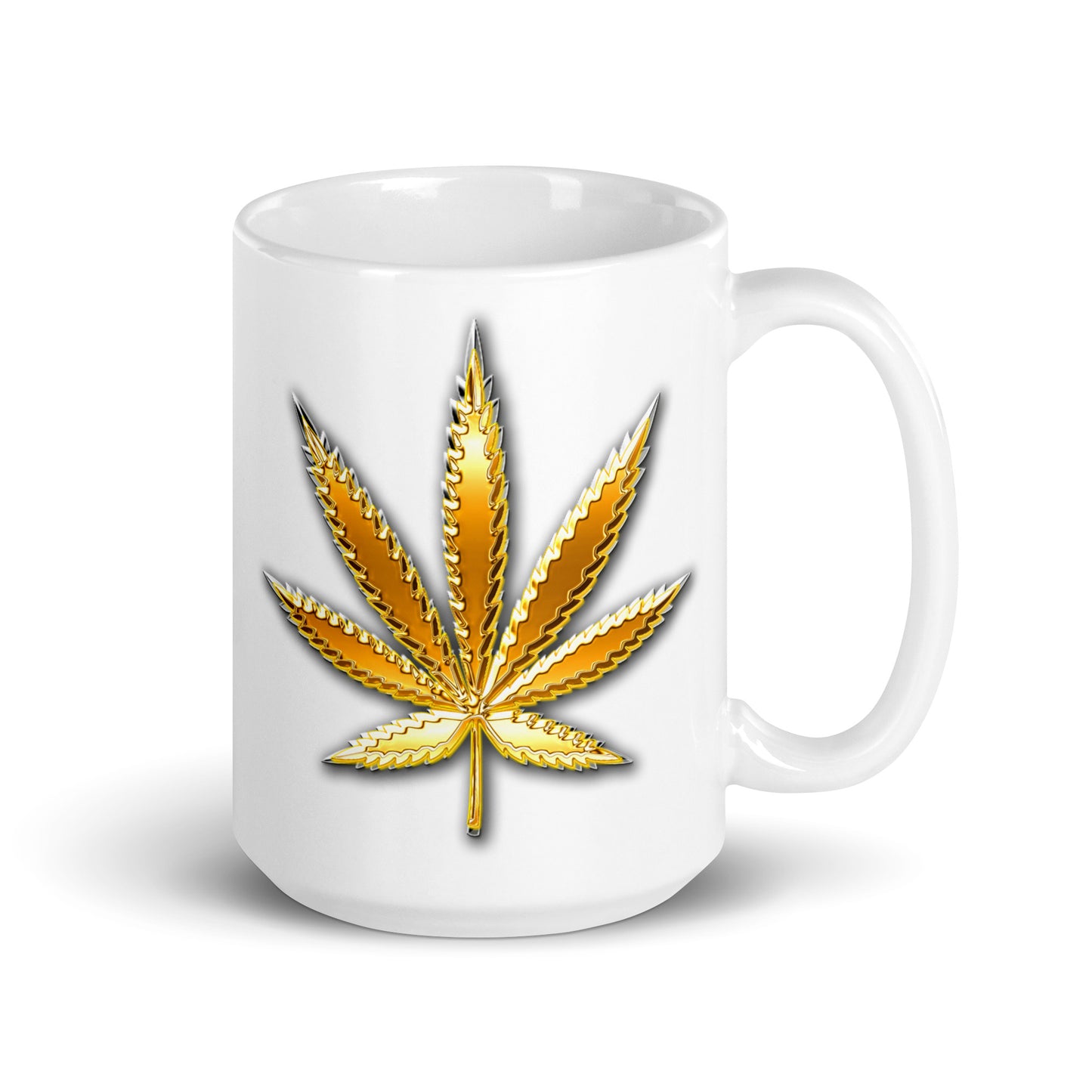 Weiße, glänzende Tasse - Hanfblatt (gold)