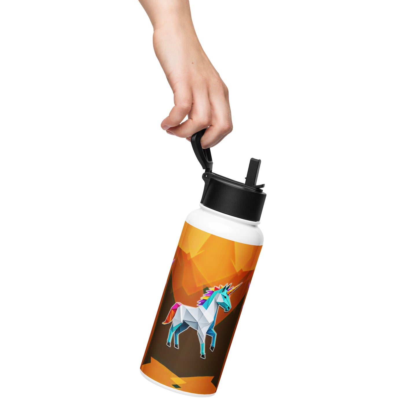 Edelstahl Trinkflasche mit Strohhalm - Origami-Einhorn