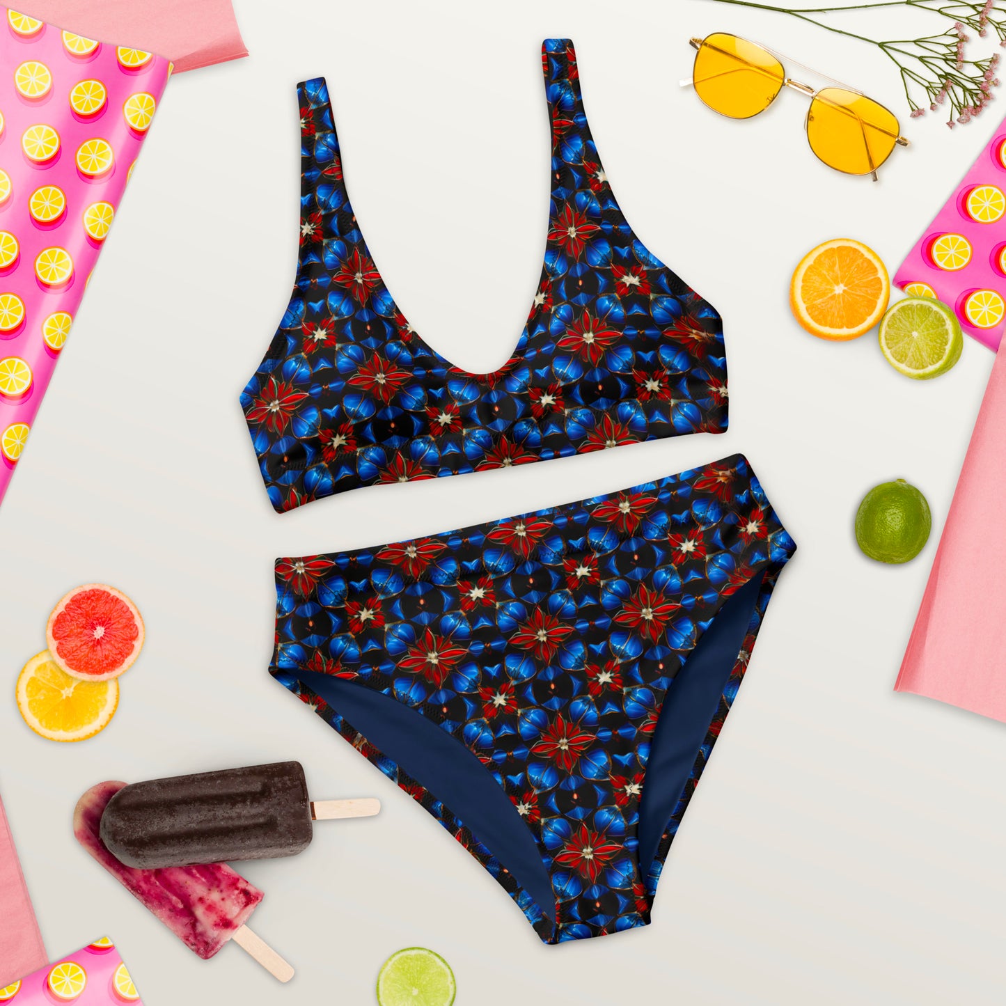 High Waist Bikini - Rot Blau Schwarz