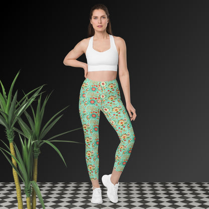 Leggings mit Taschen - Türkis mit Blumenmuster