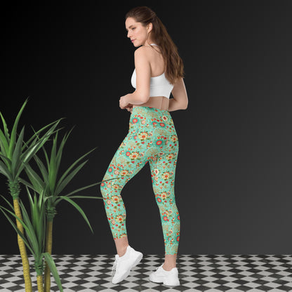 Leggings mit Taschen - Türkis mit Blumenmuster