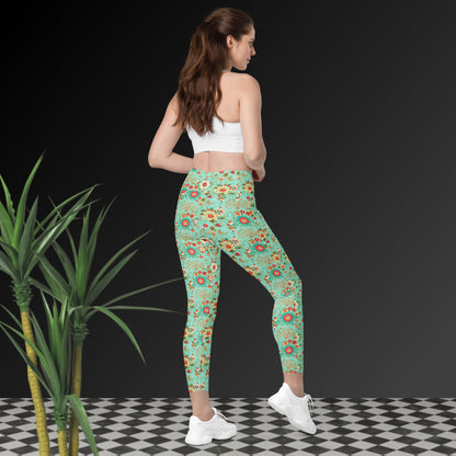 Leggings mit Taschen - Türkis mit Blumenmuster