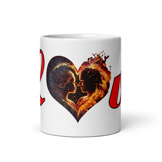Weiße, glänzende Tasse - Liebes Herz in Flammen
