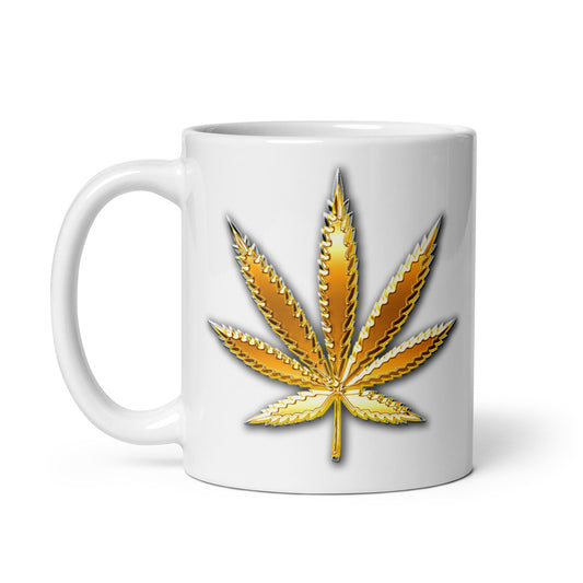 Weiße, glänzende Tasse - Hanfblatt (gold)